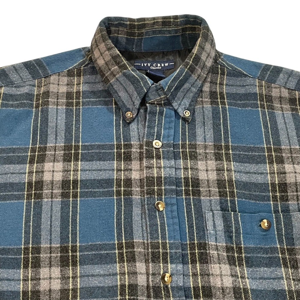 Vtg Ivy Crew Classics Mens L Blue Gray Plaid Acrylic Flannel Button Down Shirt